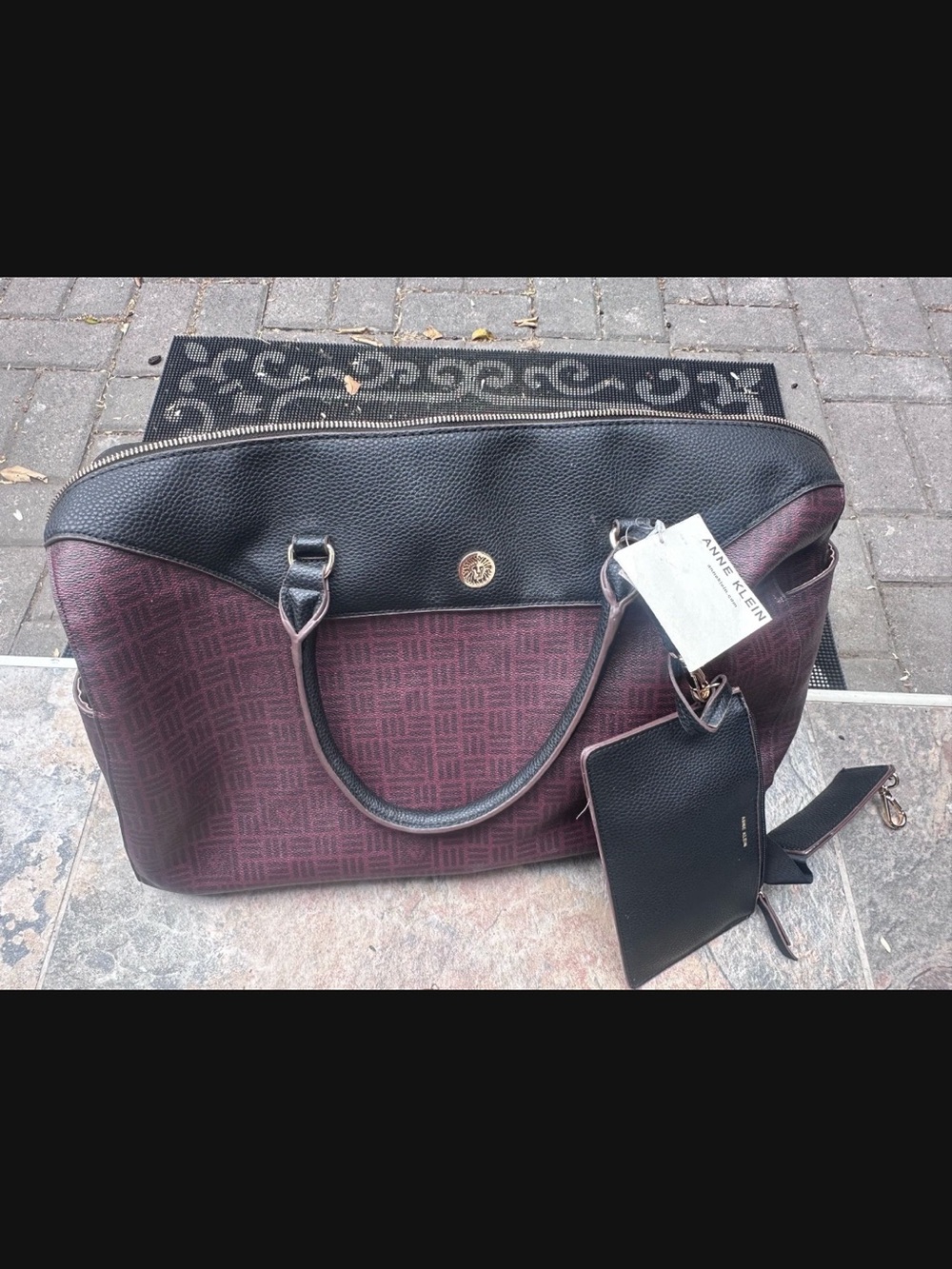 Anne Klein Burgundy and Black Signature Tote with Removable Pouch